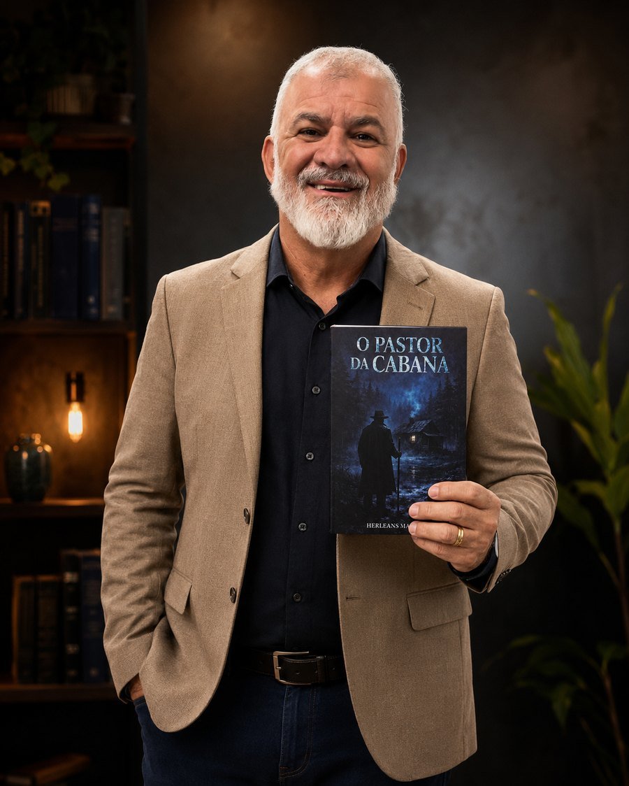 Herleans Martins, o Pastor Tilica, segurando o livro O Pastor da Cabana